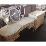 KIDNEY SHAPED DRESSING TABLE WITH TRIPPLE MIRROR BACK & MATCHING CHEST OF 5 DRAWERS