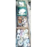 4 CARTONS OF MISC CHINA WARE & METAL WARE INCL: VASES, FIGURINES, GLASS WARE, CUPS & SAUCERS