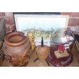 CARTON WITH 3 RELIGIOUS PICTURES, MATRYOSHKA RUSSIAN DOLL, AN URN,COLLECTORS DOLL IN GLASS DOME &