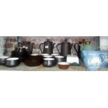 SHELF WITH QTY OF BROWN HONITON POTTERY & DARTMOUTH POTTERY WIDECOMBE FAIR JUGS