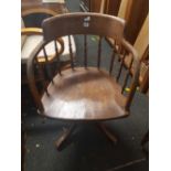 OAK SWIVEL CAPTAIN'S CHAIR WITH TURNED STICK BACK