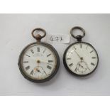 Two gents pocket watches - 1 silver the other metal - both with seconds dials