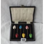 A fitted boxed set of 6 silver gilt and enamel decorated spoons - B'ham 1960