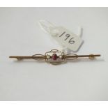 A Victorian ruby & pearl bar brooch set in 15ct gold - 2.4gms
