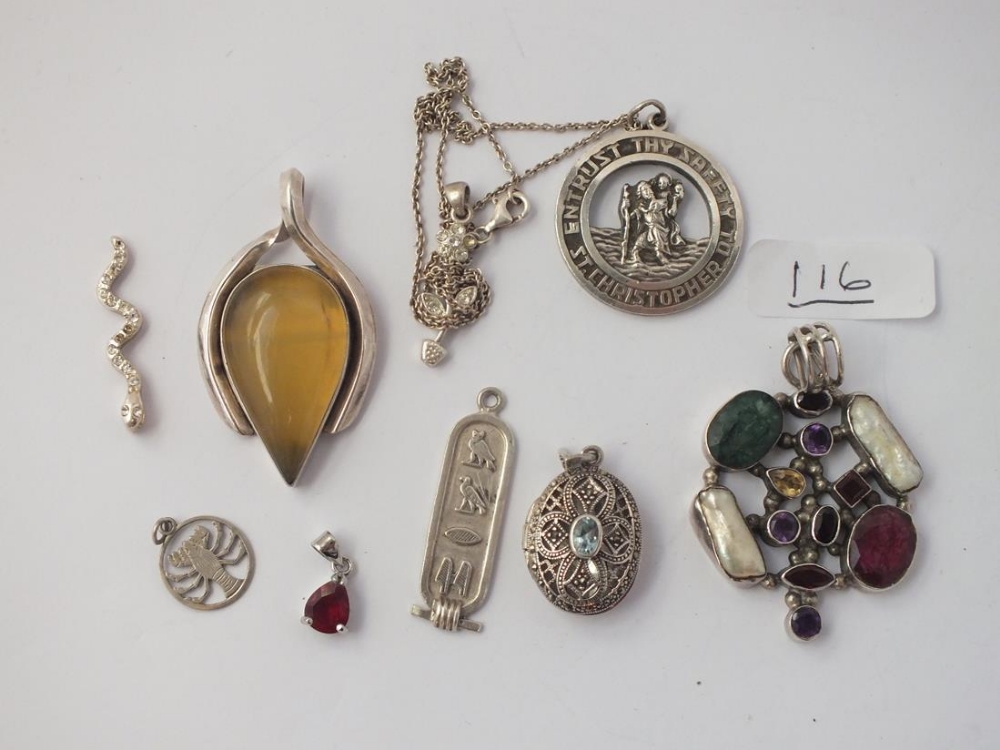 Nine silver pendants
