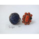 A Chinese lapis ring & coral cluster ring - both with damage