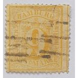 HAMBURG: SG38 (1864) 9s. Used. Couple nibbles perfs on bottom left side. Otherwise clean example