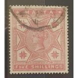 MALTA: SG30 (1886) QV 5sh rose. Good/fine copy. Cat £80