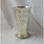 A good quality beaker engraved with strap work - 5" high - London 1917 by RFF - 240gms