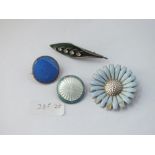 A silver & enamel Georg Jensen (chipped) & 3 other enamel brooches