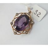 Antique amethyst pearl set pendant in 9ct - 7.1gms