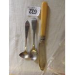 A Irish bright cut salt spoon by IB and a similar mustard spoon and butter knife