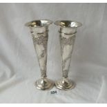 Pair of spill vases embossed with scrolls - 8" high - London 1900 by WC