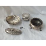 A small circular ring box - Chester 1908, a shell-shaped butter dish, a Victorian salt and a nail