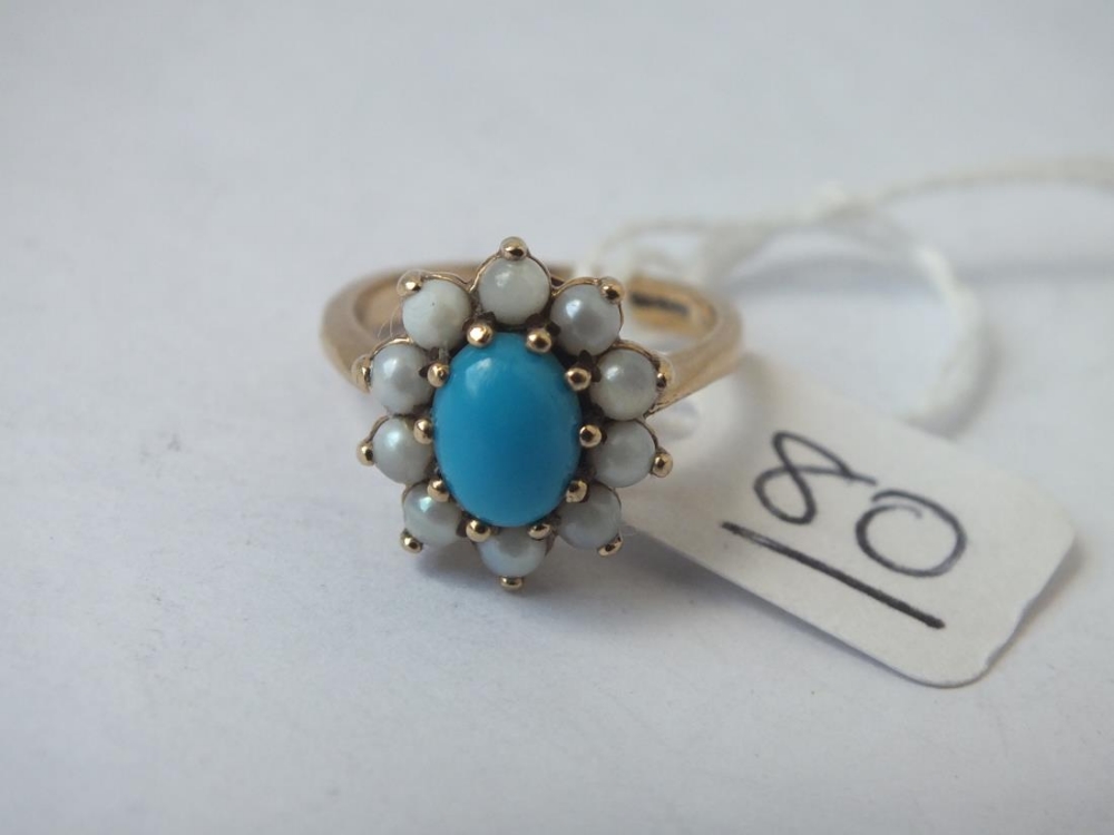 A turquoise & pearl cluster ring in 9ct - size K - 3.5gms