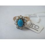 A turquoise & pearl cluster ring in 9ct - size K - 3.5gms