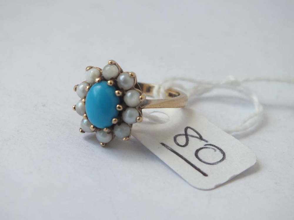 A turquoise & pearl cluster ring in 9ct - size K - 3.5gms - Image 2 of 2