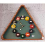 A NOVELTY POOL TABLE CLOCK WITH SURROUNDING TRIANGLE & 2 NOVELTY F/G DOG PLAYING POOL PICTURES
