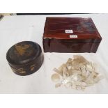 BROWN LACQUER CHINESE BOX CONTAINING A ROUND LACQUERED CONTAINER WITH MOP CHINESE GAMING COUNTERS