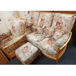 ERCOL WINDSOR 3 SEATER SETTEE & MATCHING ARMCHAIR WITH FOOT STOOL