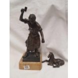 BRONZE STATUE OF A BLACK SMITH A/F & A PONY LAYING DOWN