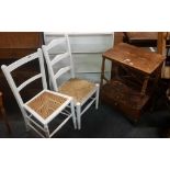 2 WHITE DINING CHAIRS - 1 RAFFIA SEATED & 1 CANE SEATED, AN OAK HALL STAND & WHITE BOOKCASE