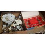CARTON WITH MIXED CHINA & PLATED ITEMS INCL: FIGURINE BY REGAL & A BOXED GLASS TABLE SET