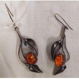 PAIR OF AMBER & SILVER LEAF EAR PENDANTS