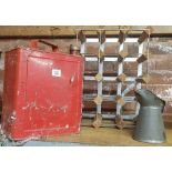 RED 5 GALLON PETROL CAN, A 12 BOTTLE METAL & WOOD WINE RACK, A 1 PINT OIL CAN