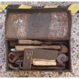SMALL BLACK TIN TOOL BOX WITH QTY OF OLD HAND TOOLS