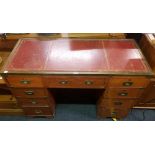 RED LEATHER TOP KNEE HOLE DESK WITH BRASS EDGING & HANDLES