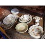 SHELF QTY MIXTURE OF MEAT PLATES, BOWL, TEA POTS, CUPS & SAUCERS & OTHER PLATES