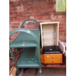 GREEN PLASTIC SERVING TROLLEY, 2 DRAWER FOOT STOOL & A CREAM CABINET WITH METAL SHELVES