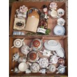 2 CARTONS OF MIXED CHINAWARE INCL: TEA POTS, SMALL VASES, MUSICAL CHINA CLOWN & STONE WARE JAR