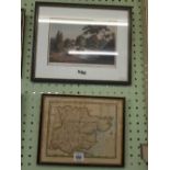 A GEORGIAN COLOURED AQUATINT OF SHAW BRIDGE, DEVON TOGETHER WITH AN ANTIQUE HAND COLOURED MAP OF THE