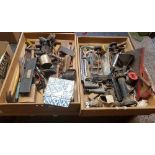 2 WOODEN CARTONS WITH LARGE QTY OF TOOLS INCL: BLOW LAMPS, HAMMERS, SCREW JACK, HACK SAWS &
