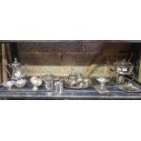 SHELF OF PLATEDWARE INCL: COFFEE POT, SPIRIT KETTLE & STAND, NAPKIN RINGS & SMALL DISHES