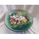 MOORCROFT BOWL WITH CLEMATIS FLOWER DESIGN - BOWL APPROX 9'' WIDE