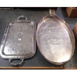 2 LARGE SILVER PLATED SERVING TRAYS - 1 WITH HANDLES & 1 WITH RAISED GALLERY