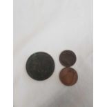 A CARTWHEEL PENNY 1797 & FARTHINGS 1694 & 1675