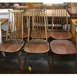 AN ERCOL OLD COLONIAL DRAW LEAF DINNING TABLE WITH 6 MUSTACHE DINING CHAIRS - 1 CHAIR A/F