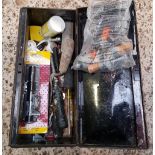 BLACK METAL TOOL BOX WITH CONTENTS