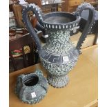 2 HANDLED POTTERY VASE & ONE 4 HANDLED POTTERY VASE