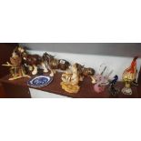 SHELF OF CHINA SHIRE HORSES & OTHER FIGURES, GLASS BIRDS ETC