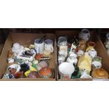 2 CARTONS OF MIXED CHINAWARE INCL: A COTTAGE TEA POT, VASES, JUGS, MUGS & BIRD FIGURES