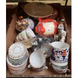 CARTON WITH A PIG MONEY BOX, VARIOUS CUPS & SAUCERS & FIGURINES