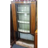 INLAID MAHOGANY BOW FRONTED LEADED GLASS DOOR DISPLAY CABINET ON LEGS