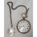 SILVER CASED POCKET WATCH WITH KEY, SILVER FOB WITH CURB CHAIN ALBERT