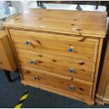 PINE CHEST OF 3 DRAWERS WITH BLUE KNOBS