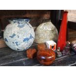 SHELF WITH PAPER MACHE URN, STONE EFFECT VASE, BURR WOOD TRINKET BOXES, 2 BUDDHA'S, RED VASE &